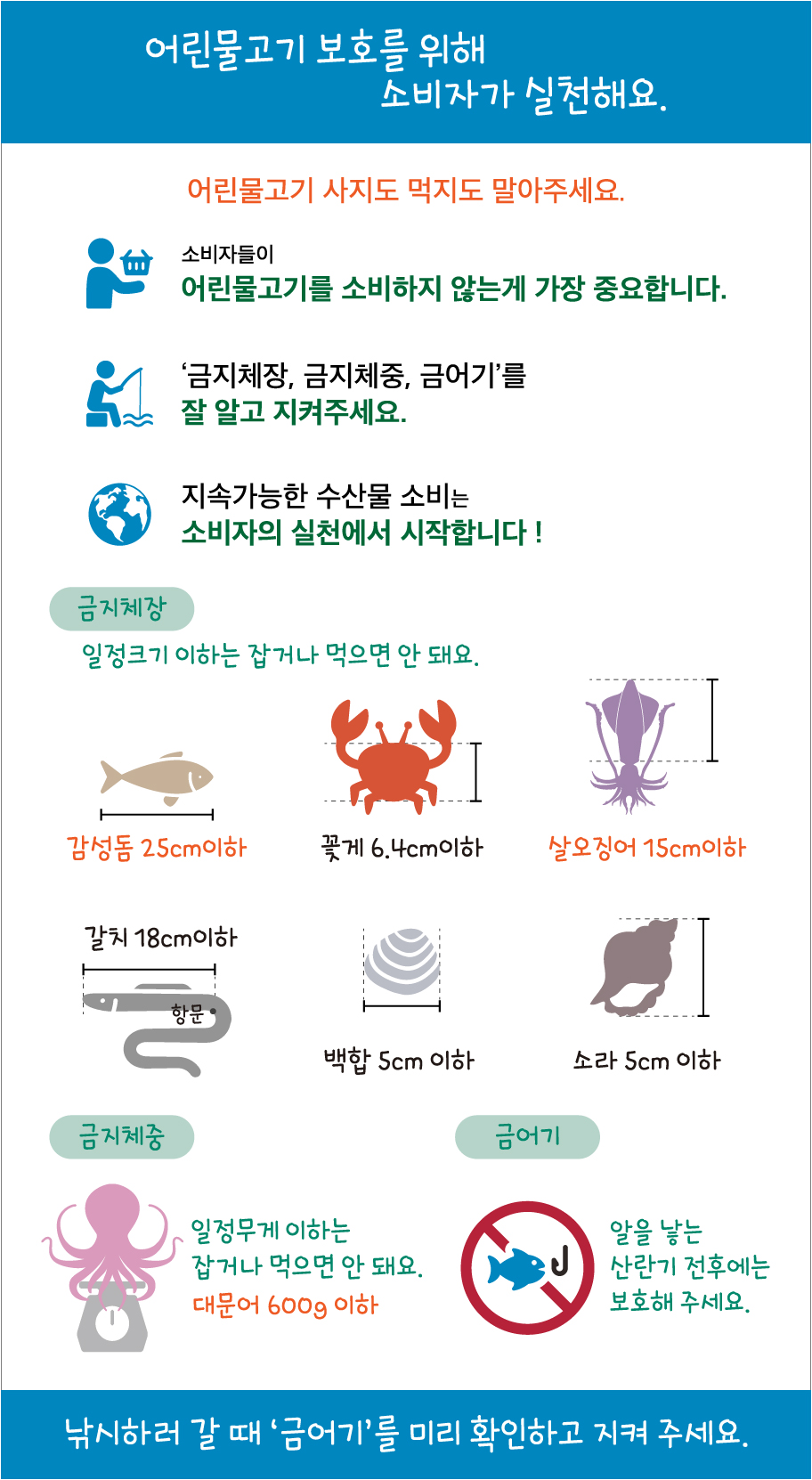 어린물고기 보호를 위해 소비자가 실천해요 어린물고기 사지도 먹지도 말아주세요. 소비자들이 어린물고기를 소비하지 않는게 가장 중요합니다. '금지체장, 금지체중, 금어기'를 잘 알고 지켜주세요.                                     지속가능한 수산물 소비는 소비자의 실천에서 시작합니다! 금지체장 - 일정크기 이하는 잡거나 먹으면 안 돼요(감성돔 25cm이하, 꽃게 6.5cm이하, 살오징어 15cm이하, 갈치 18cm이하, 백합 5cm 이하, 소라 5cm이하) /                                      금지체중 - 일정무게 이하는 잡거나 먹으면 안 돼요 대문어 600g이하 / 금어기 - 알을 낳는 산란기 전후에는 보호해 주세요. 낚시하러 갈 때 '금어기'를 미리 확인하고 지켜주세요.