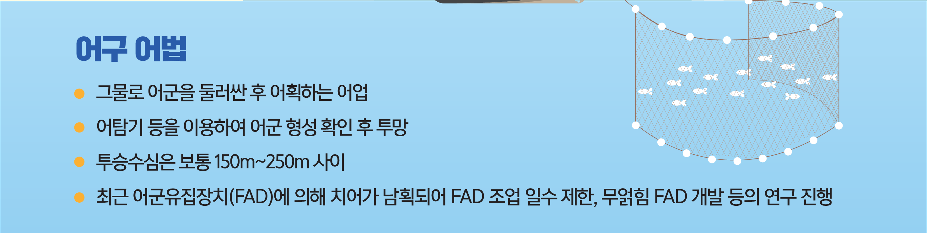 어구어법 - 그물로 어군을 둘러싼 후 어획하는 어업, 어탐기 등을 이용하여 어군 형성 확인 후 투망, 투승수심은 보통 150m~250m사이, 최근 어군유집장치(FAD)에 의해 치어가 남획되어 FAD 조업일 수 제한, 무얽힘 FAD 개발 등의 연구진행