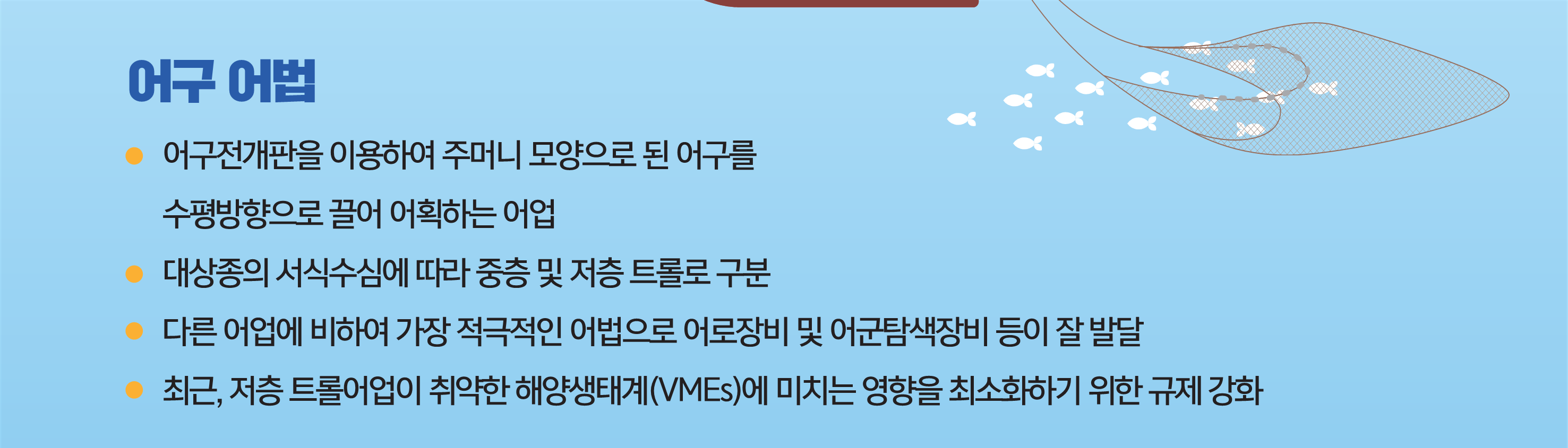 어구 어법 - 어구전개판을 이용하여 주머니 모양으로 된 어구를 수평방향으로 끌어 어획하는 어업, 대상종의 서식수심에 따라 중층 및 저층 트롤로 구분, 다른 어업에 비하여 가장 적극적인 어법으로 어로장비 및 어군탐색장비 등이 잘 발달, 최근 저층 트롤어업이 취약한 해양생태계(VMEs)에 미치는 영향을 최소화하기 위한 규제 강화