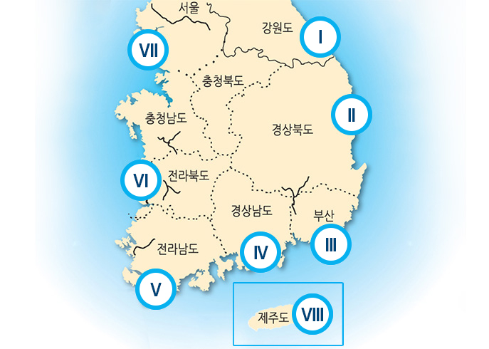 해수면 지도 이미지 : I. 강원도, II. 경상북도, III. 부산, IV. 경상남도, V. 전라남도, VI. 전라북도, VII. 인천, VIII. 제주도