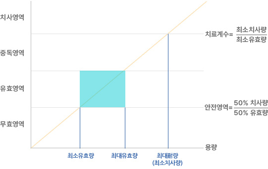 세로축 치사영역, 중독영역, 유효영역, 무효영역, 가로축 최소유효량, 최대유효량, 최대耐량(최소치사량)의 용량으로 구성된 그래프. 치료계수=최소치사량÷최소유효량. 안전영역=50% 치사량÷50% 유효량